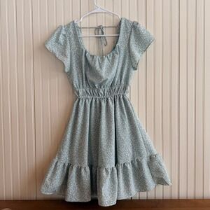 Altard State Blue Leopard Print Flutter Sleeve Square Neck Smocked Waist Dress